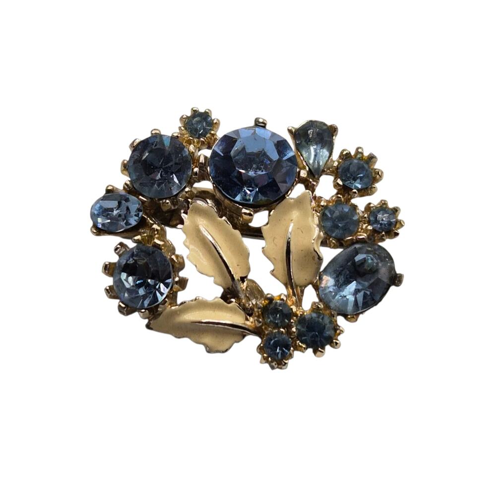 Vintage Blue Rhinestone Floral Brooch Gold Tone Sparkling Cluster
